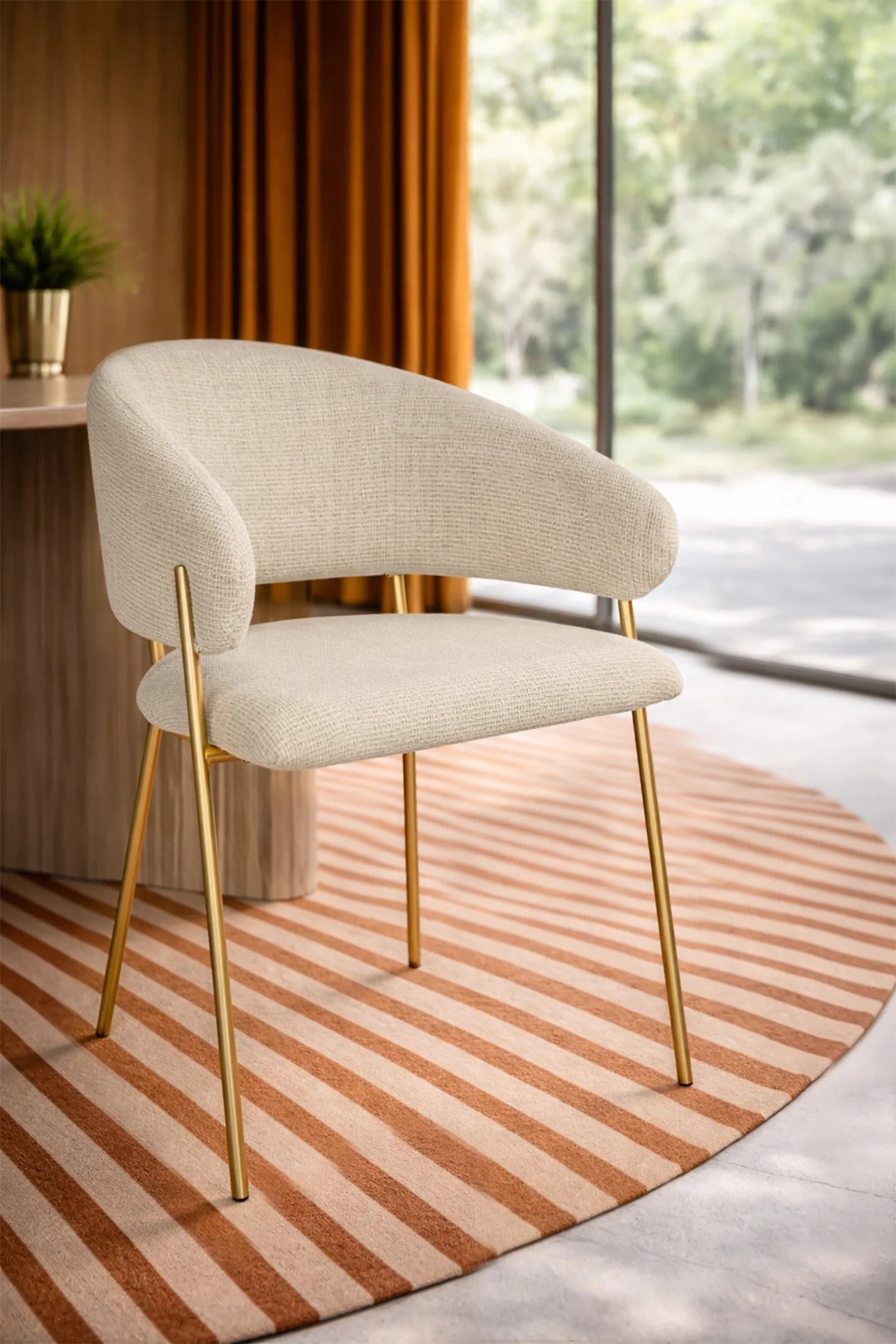 Quito - Ensemble Table + 6 Fauteuils De Table - Tissu Tweed/Effet Bois - Ecru/Naturel