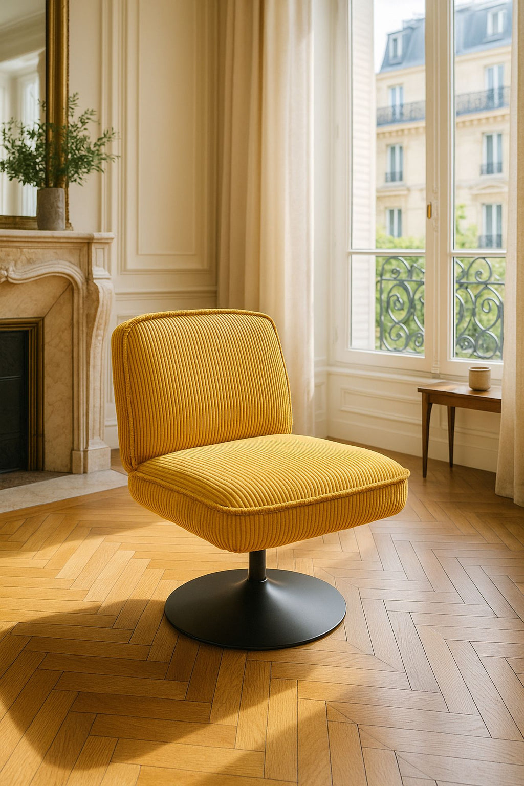 Sillón giratorio Funky - Pana - Azafrán con patas de metal negro