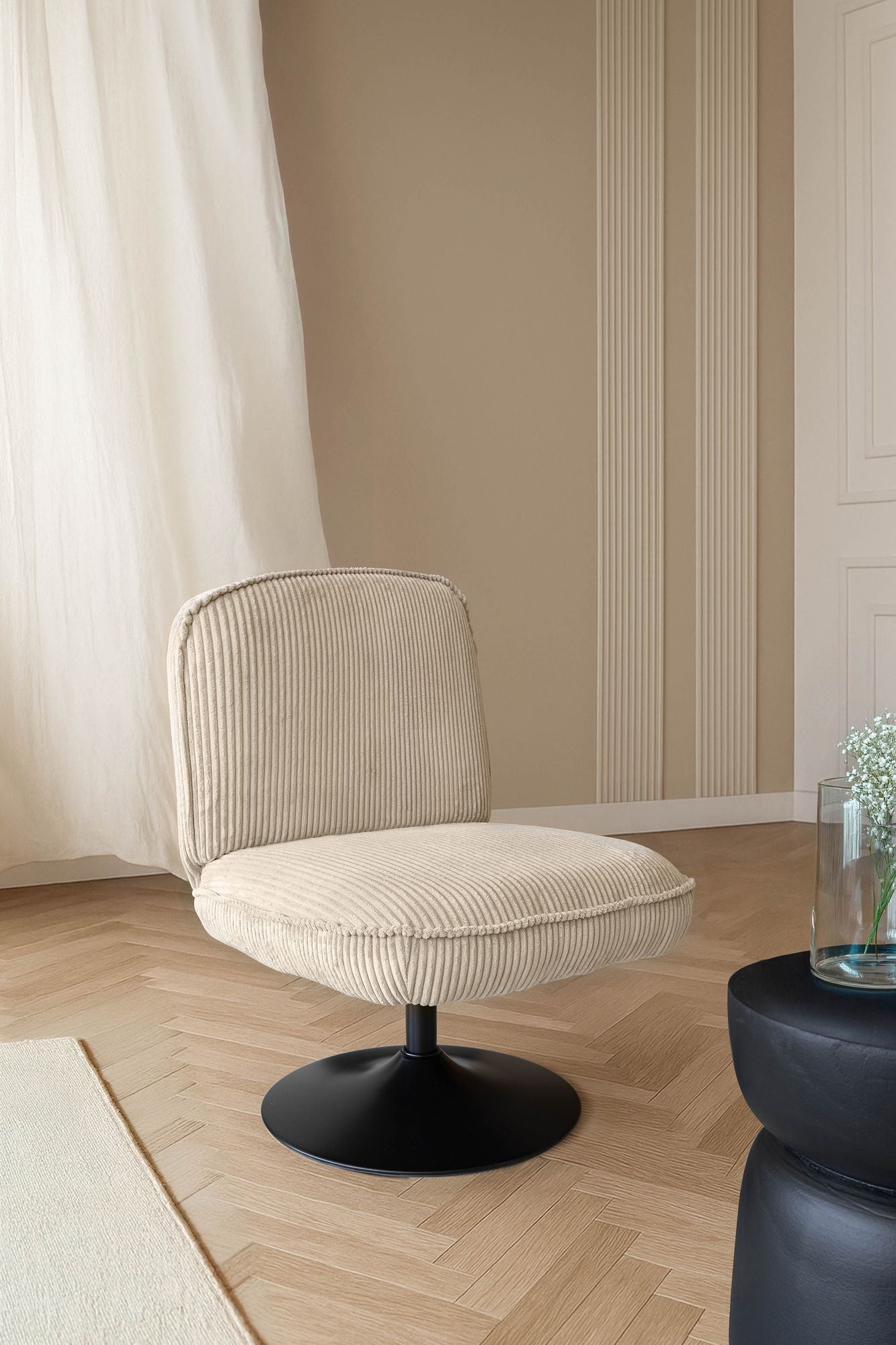 Funky Swivel Armchair In Corduroy - Beige, Black Metal