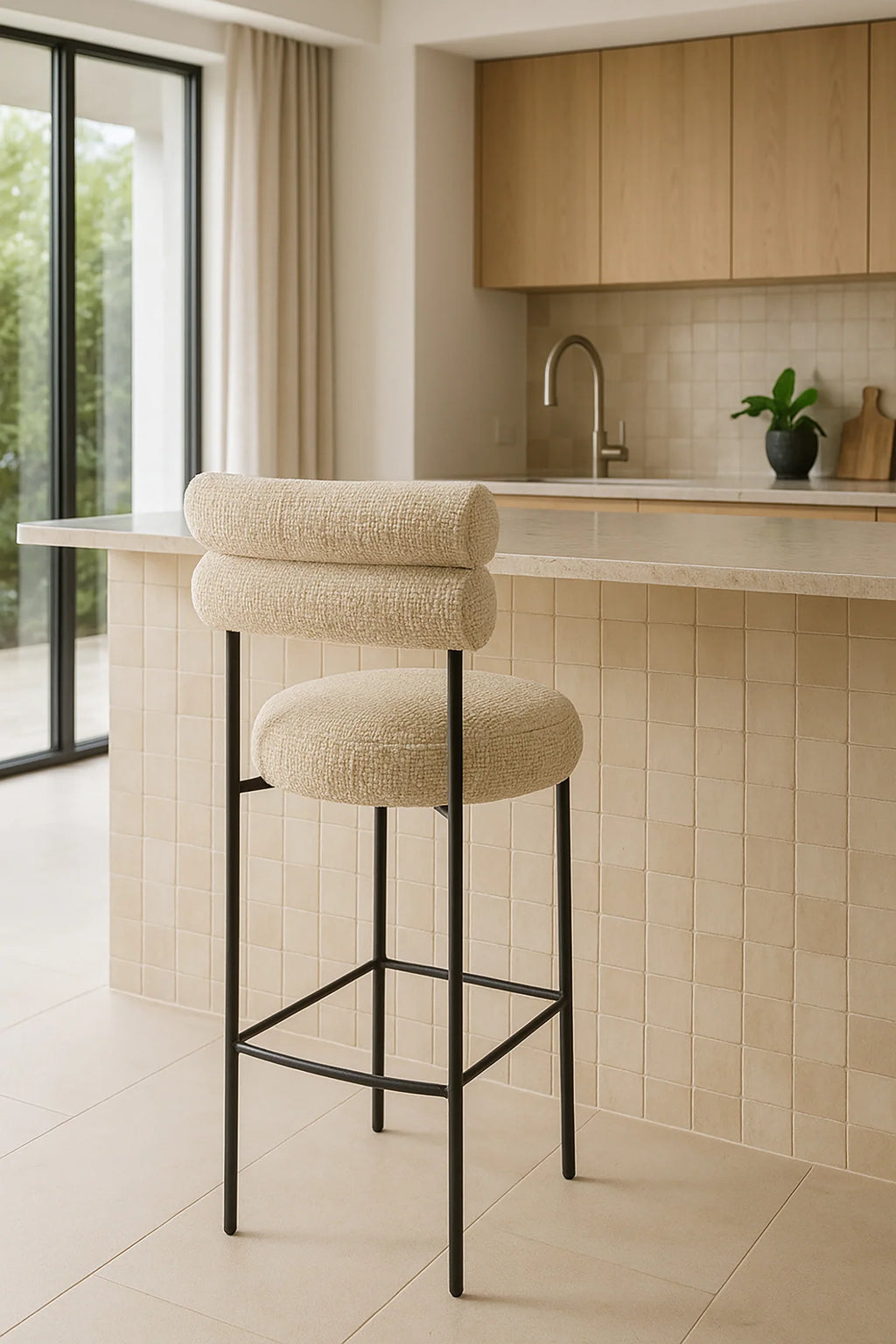 Set of 2 Gina Bar Stools - Beige Tweed Fabric