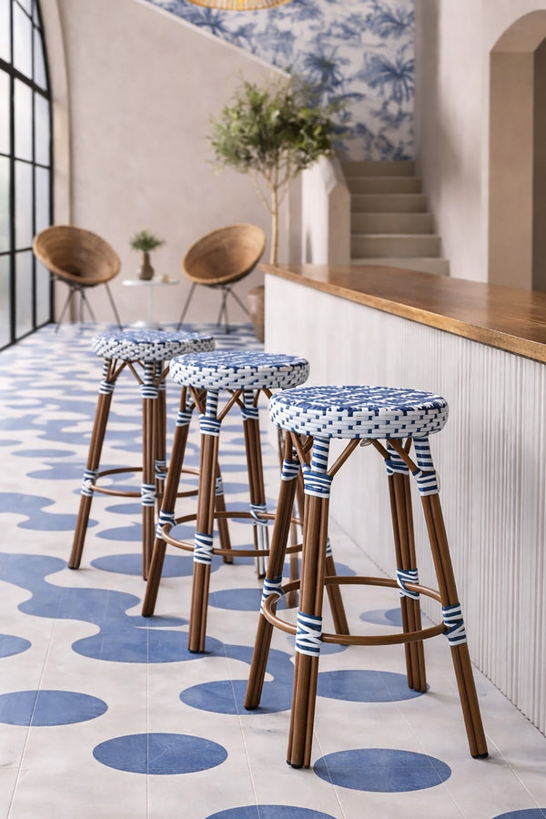 Scala - Tabouret De Bar Haut - Alu Aspect Bambou/Textilene - Bleu