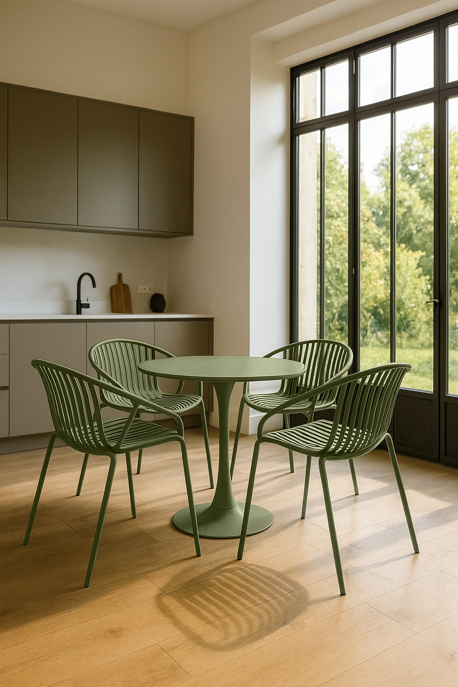 Set of 4 Calypso Indoor Table Armchairs - Polypropylene and Green Metal