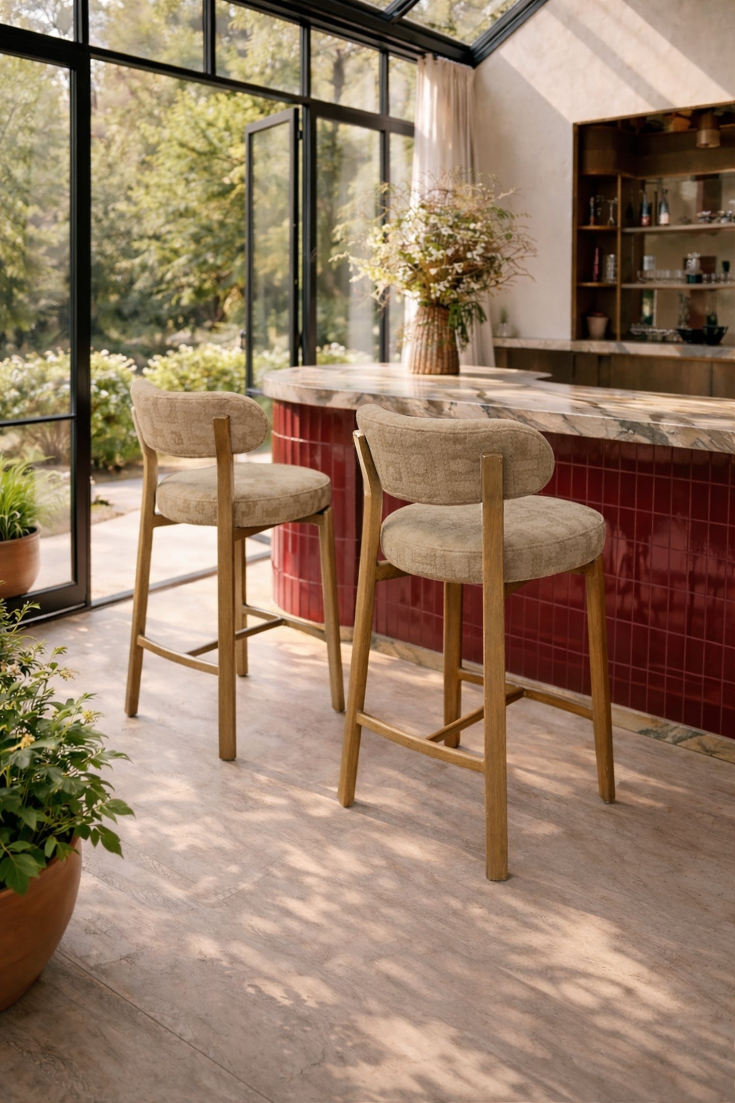 Suzie - Lot 2 Chaises De Bar - Effet Bois/Tissu/Metal - Beige