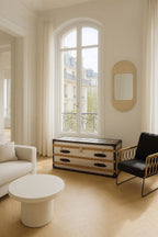Commode Iliade Basse - 1 Coffre 2 Tiroirs - Acier Inoxydable Et Cuir