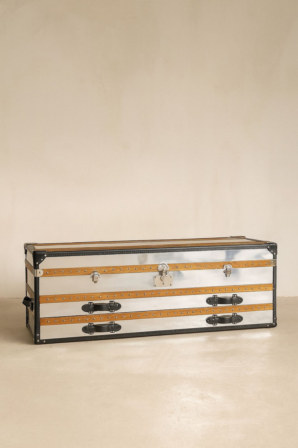 Commode Iliade Basse - 1 Coffre 2 Tiroirs - Acier Inoxydable Et Cuir