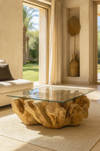 Mesa de centro Sarannah - Raíz de teca y tapa de cristal