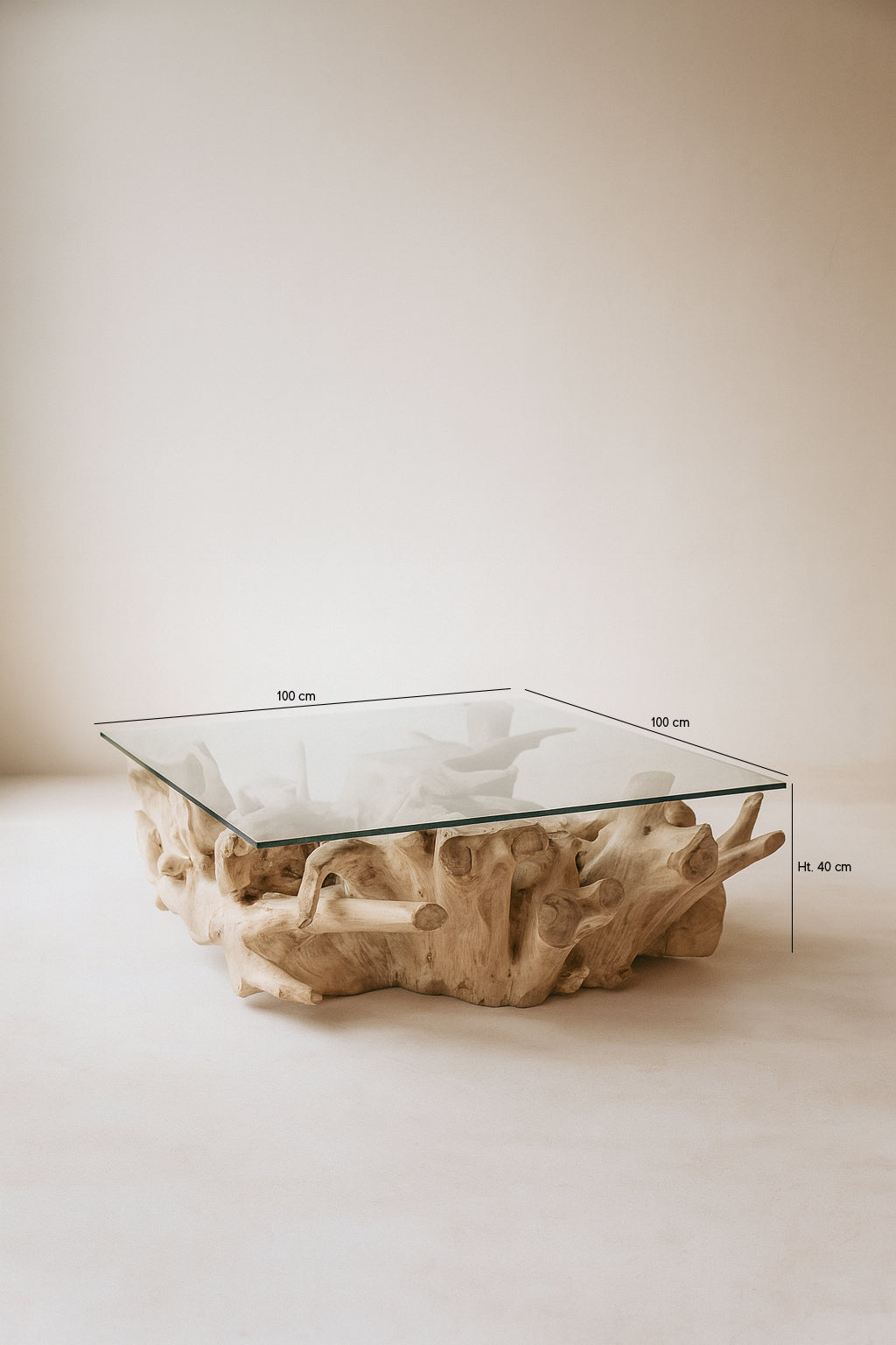 Mesa de centro Sarannah - Raíz de teca y tapa de cristal