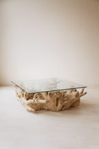 Mesa de centro Sarannah - Raíz de teca y tapa de cristal