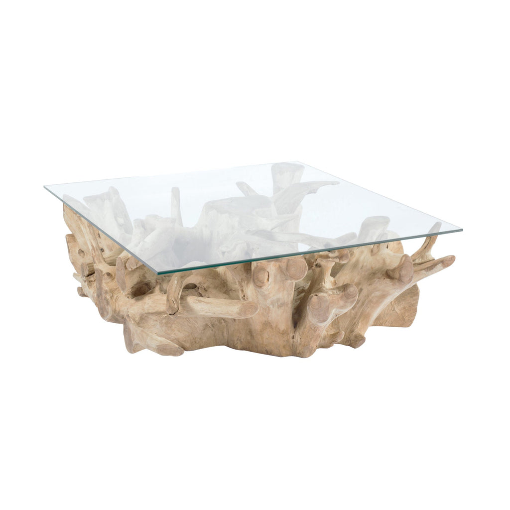 Mesa de centro Sarannah - Raíz de teca y tapa de cristal