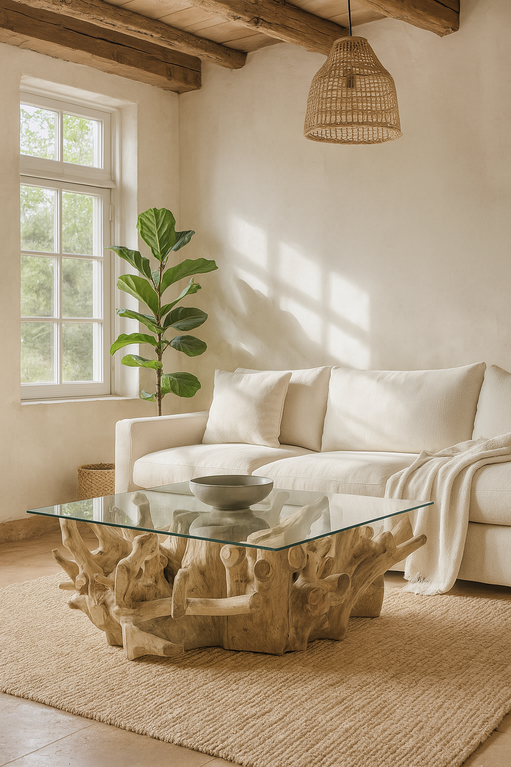 Mesa de centro Sarannah - Raíz de teca y tapa de cristal