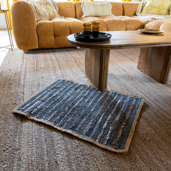 Asma - Tapis - Cuir Recycle/Coton/Jute - Bleu/Argenté