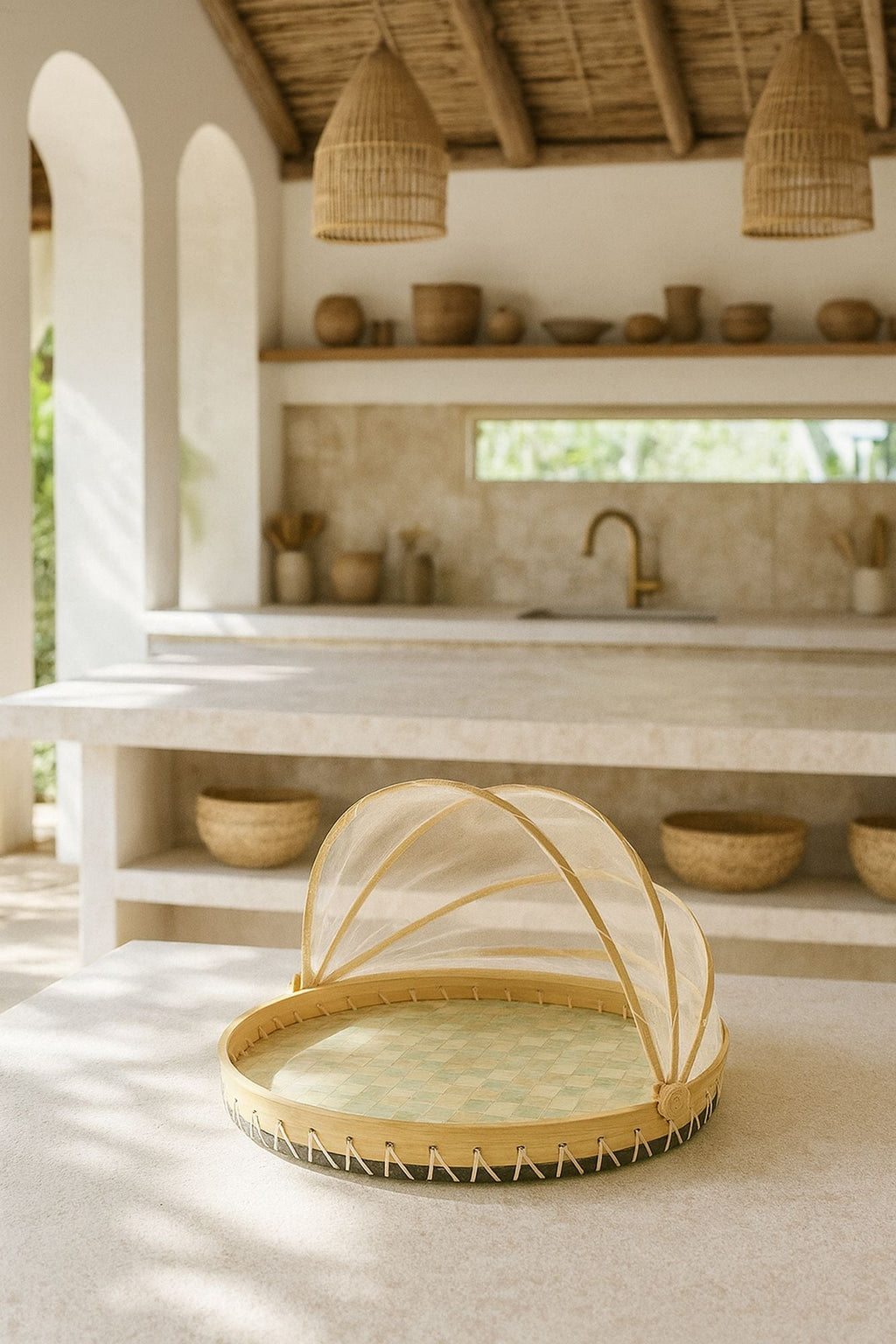 Round Tray with Zina Bell - Green Pearly Capiz Shells and Natural Bamboo