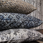 Melting Cushion In Printed Cotton - Blue And Black With Pompoms