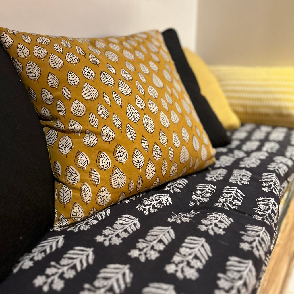 Nilam Cotton Cushion - Mustard Yellow Hand Printed Patterns