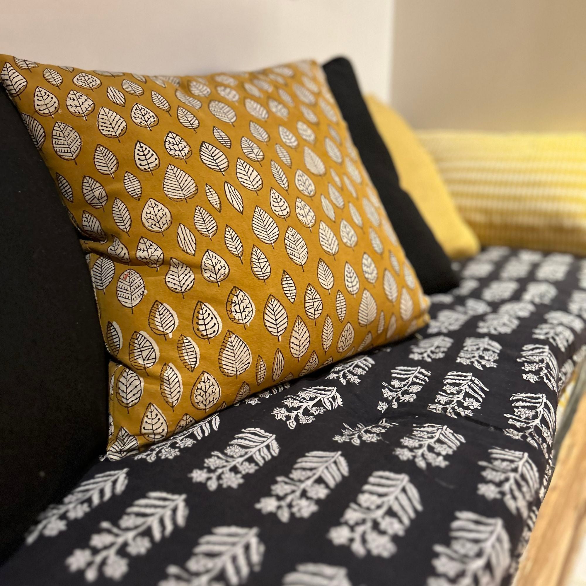 Nilam Cotton Cushion - Mustard Yellow Hand Printed Patterns