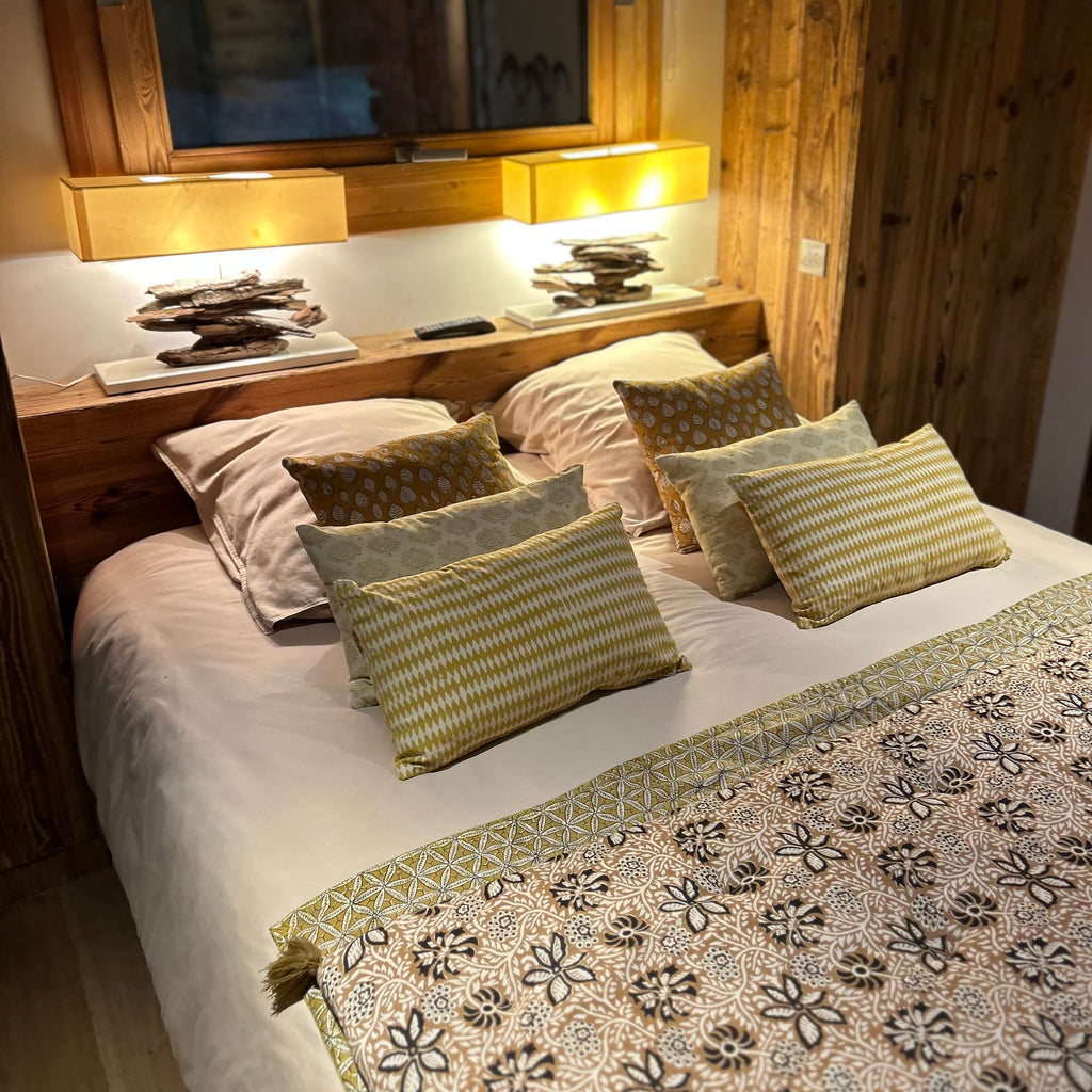 Nilam Cotton Cushion - Mustard Yellow Hand Printed Patterns