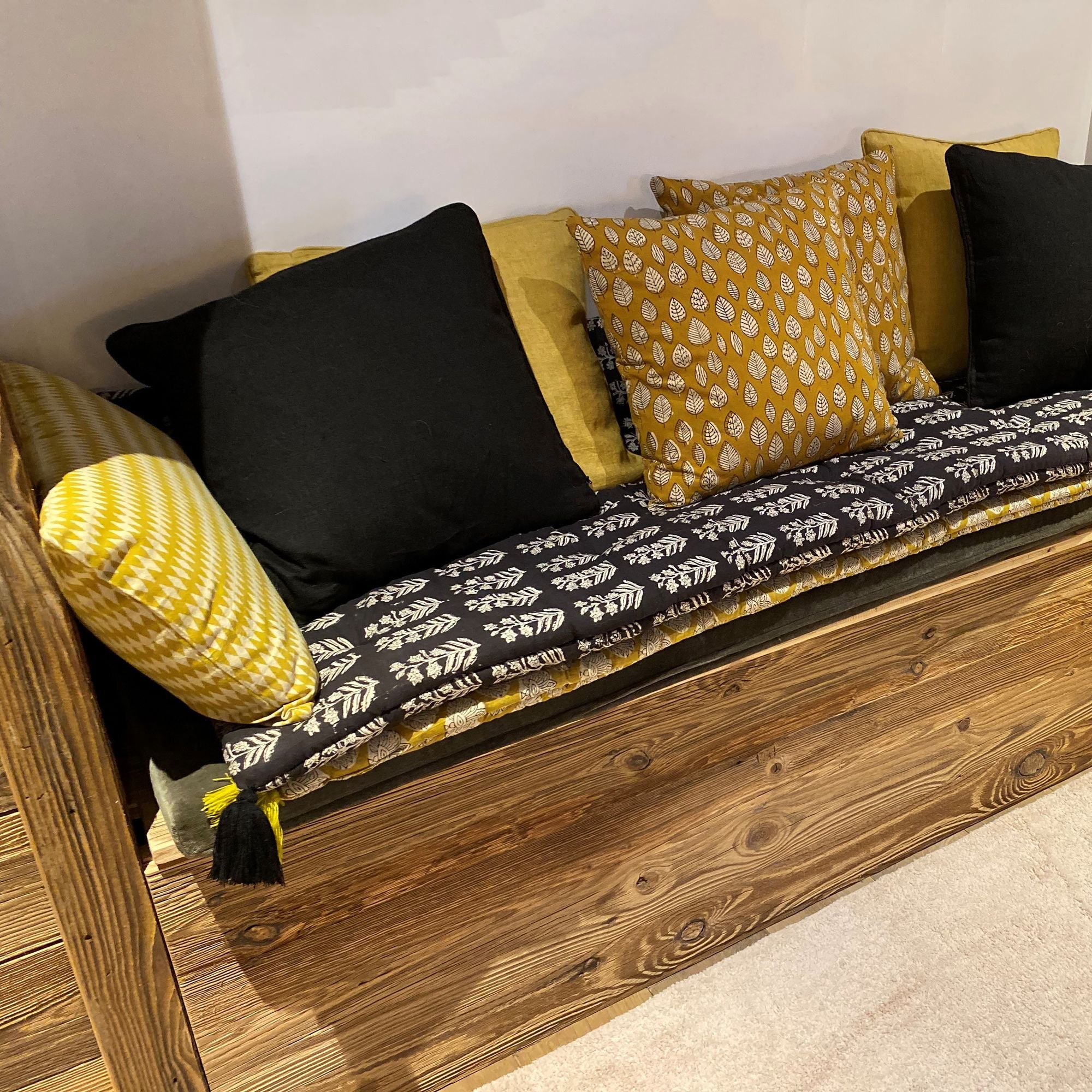 Nilam Cotton Cushion - Mustard Yellow Hand Printed Patterns