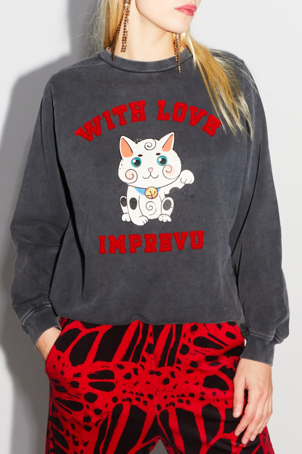 Sweatshirt Eddie Lucky Cat Black - Schwarz