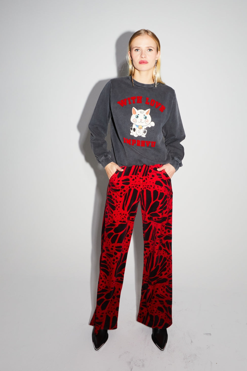 Sweatshirt Eddie Lucky Cat Black - Schwarz
