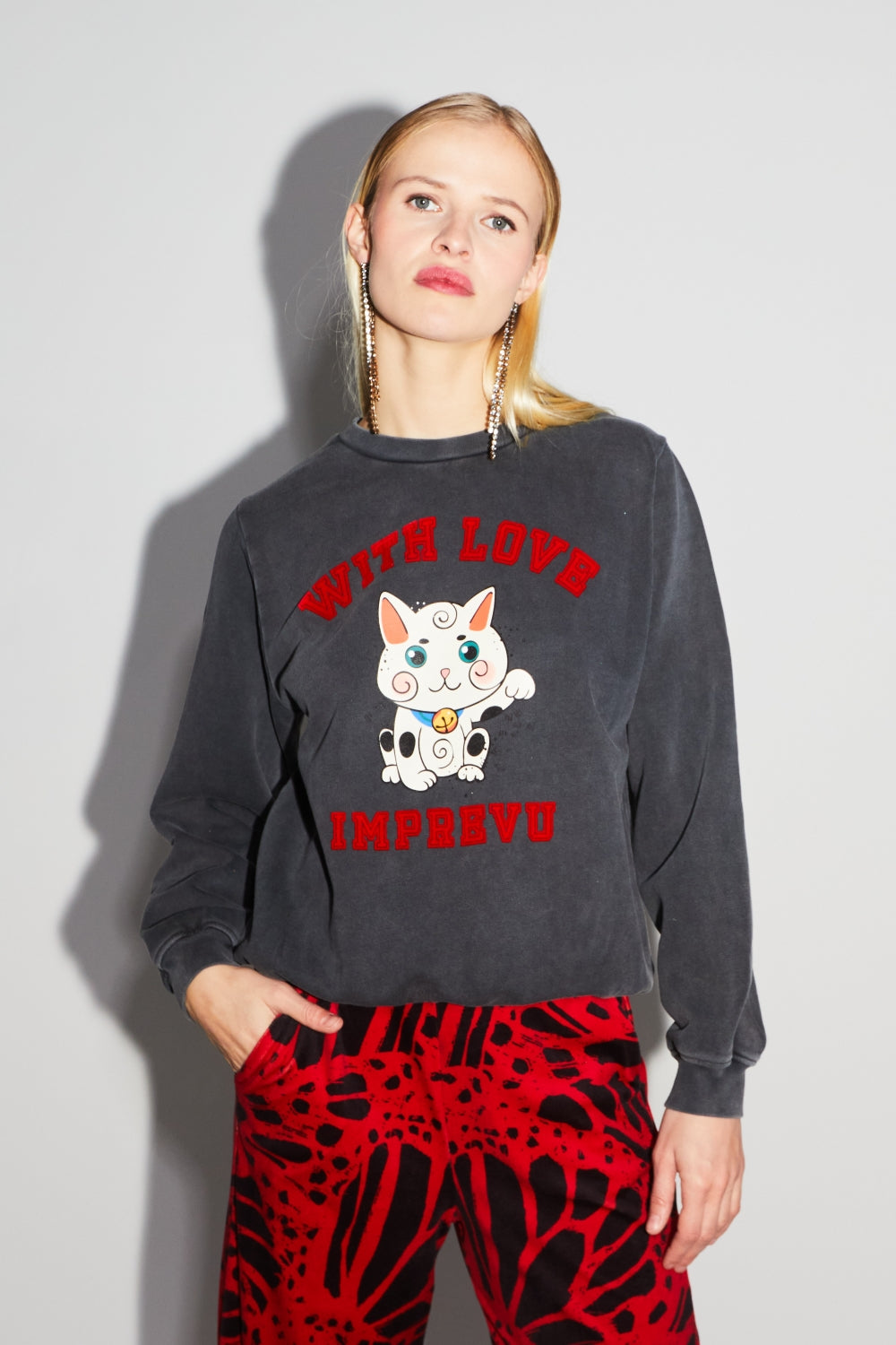 Sweatshirt Eddie Lucky Cat Black - Schwarz