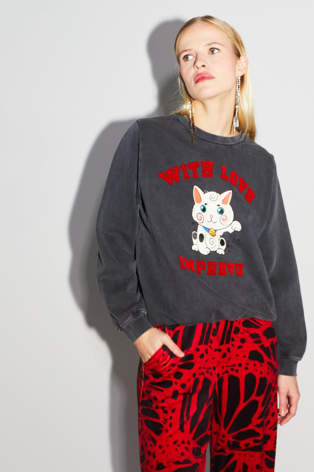 Sweatshirt Eddie Lucky Cat Black - Schwarz