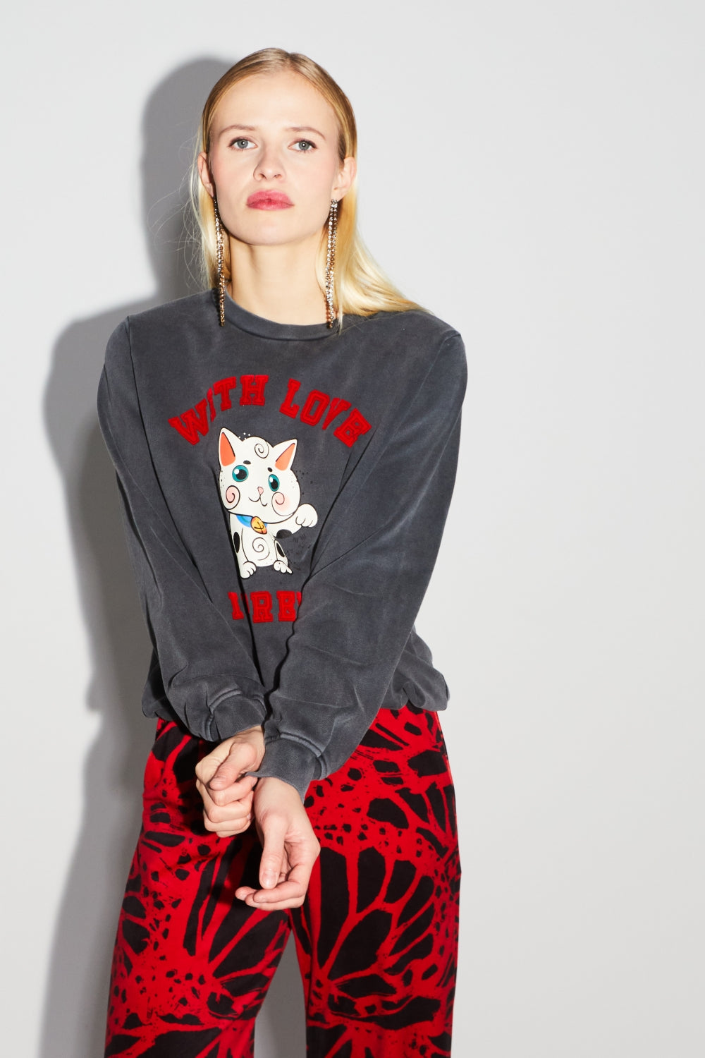 Sweatshirt Eddie Lucky Cat Black - Schwarz