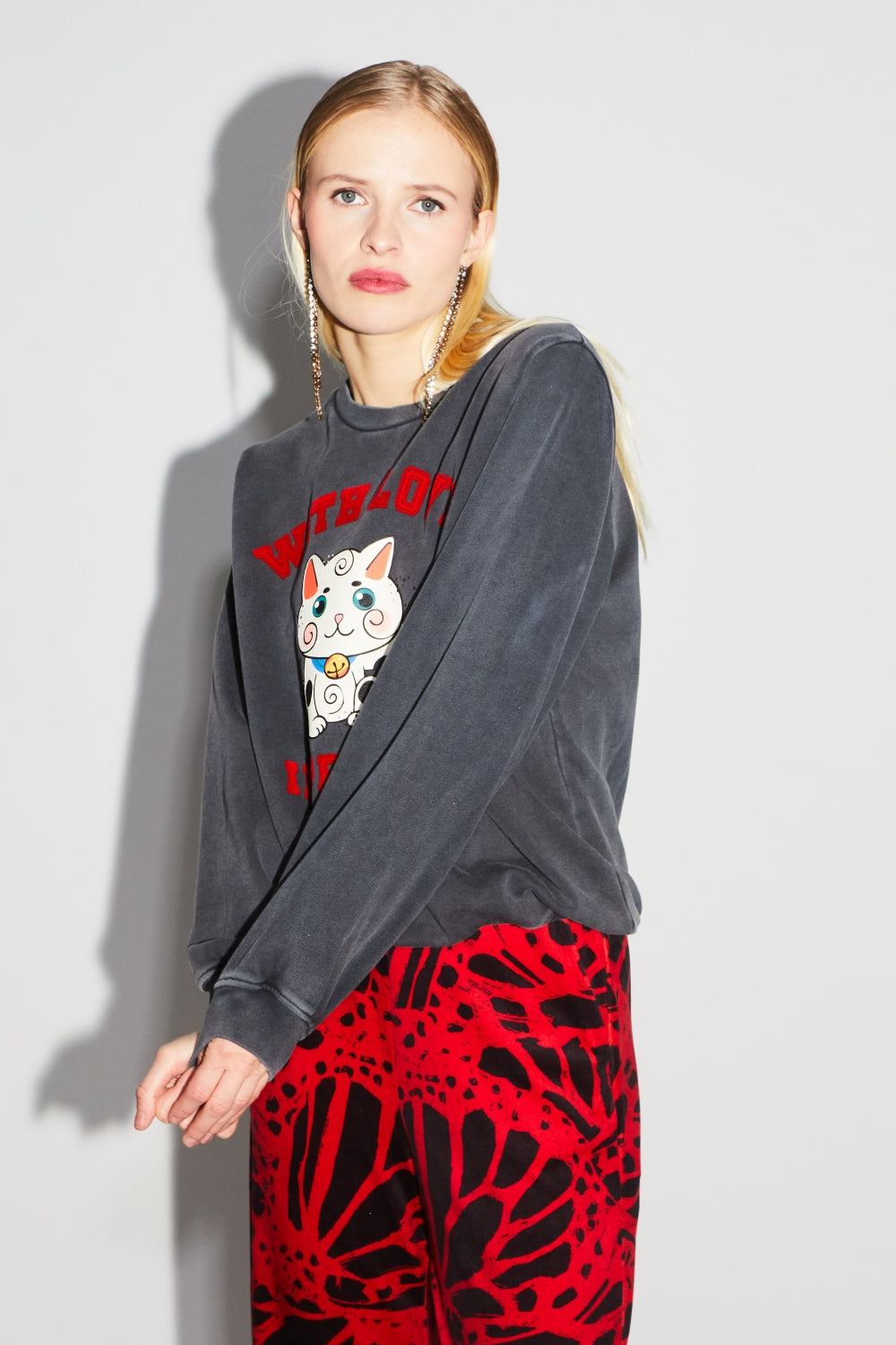 Sweatshirt Eddie Lucky Cat Black - Schwarz