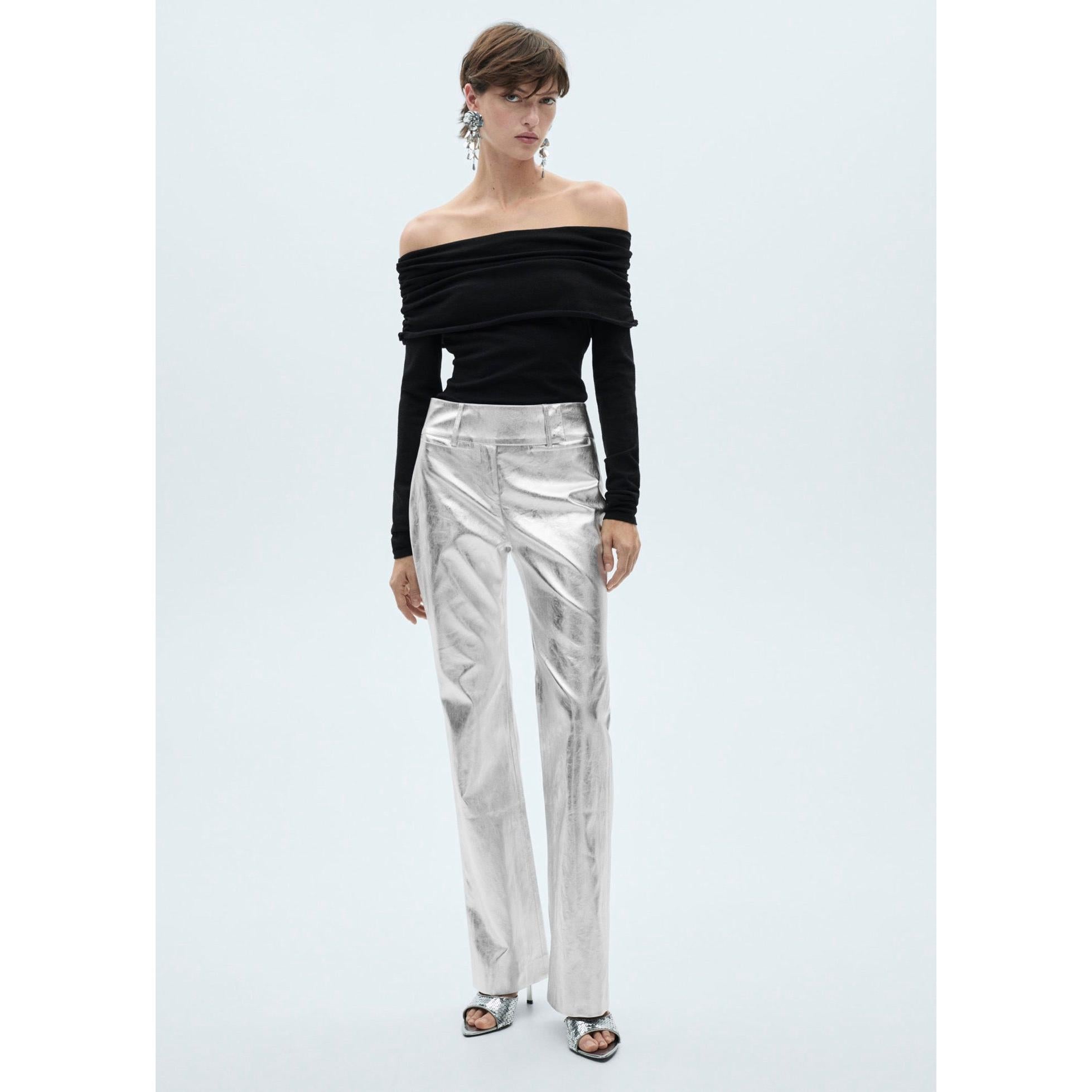 Metallic Straight-Leg Trousers - Silver