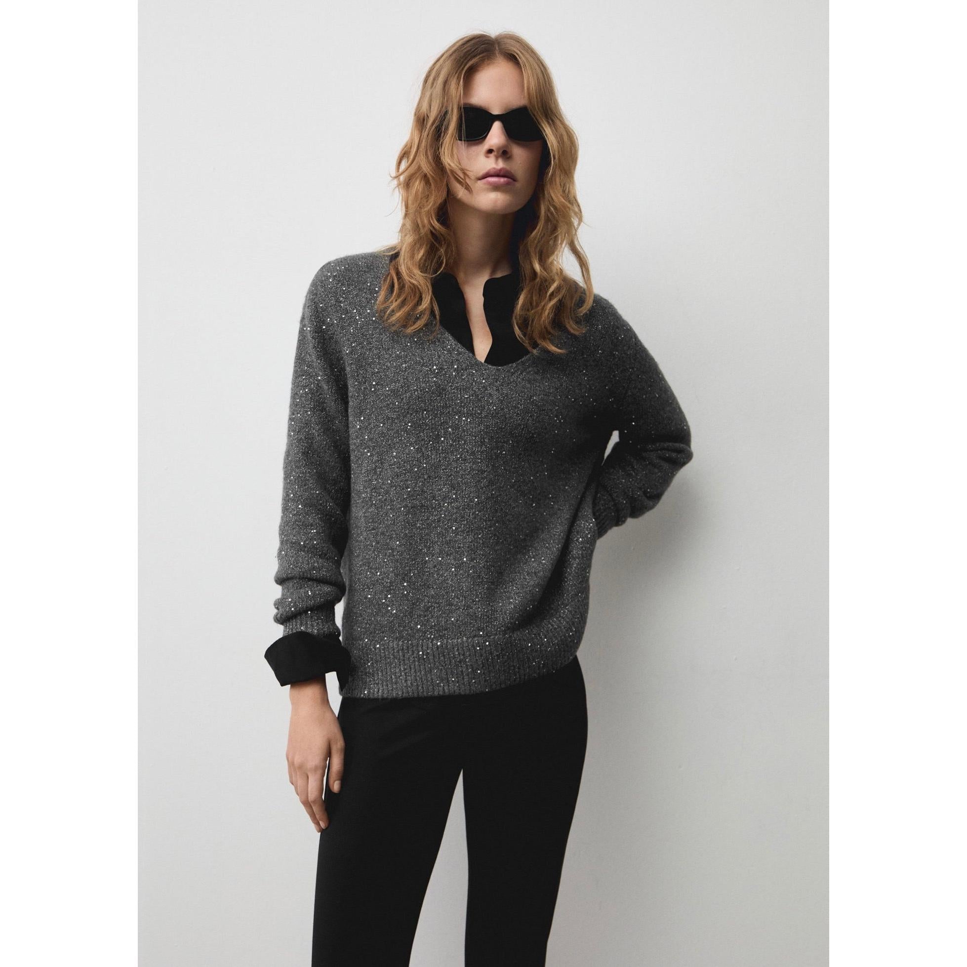 V-Neck Sequin Jumper - Charcoal