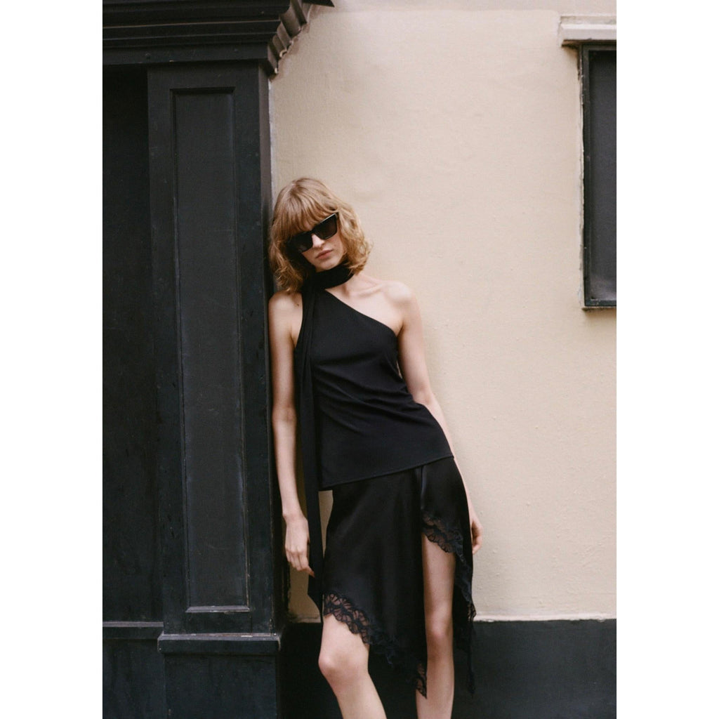 Asymmetric Crew Neck Top - Black
