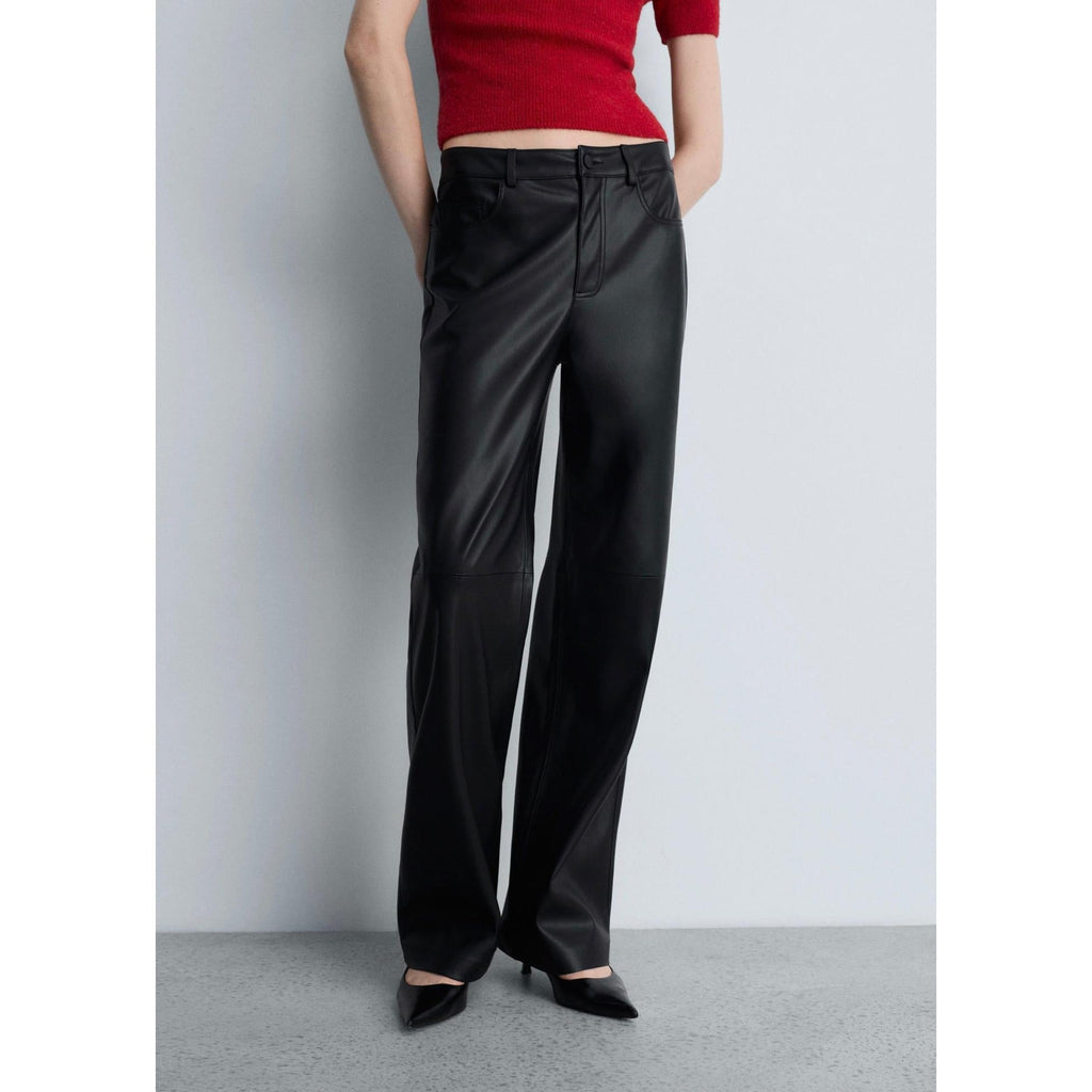 Regular-Waist Faux Leather Trousers - Black