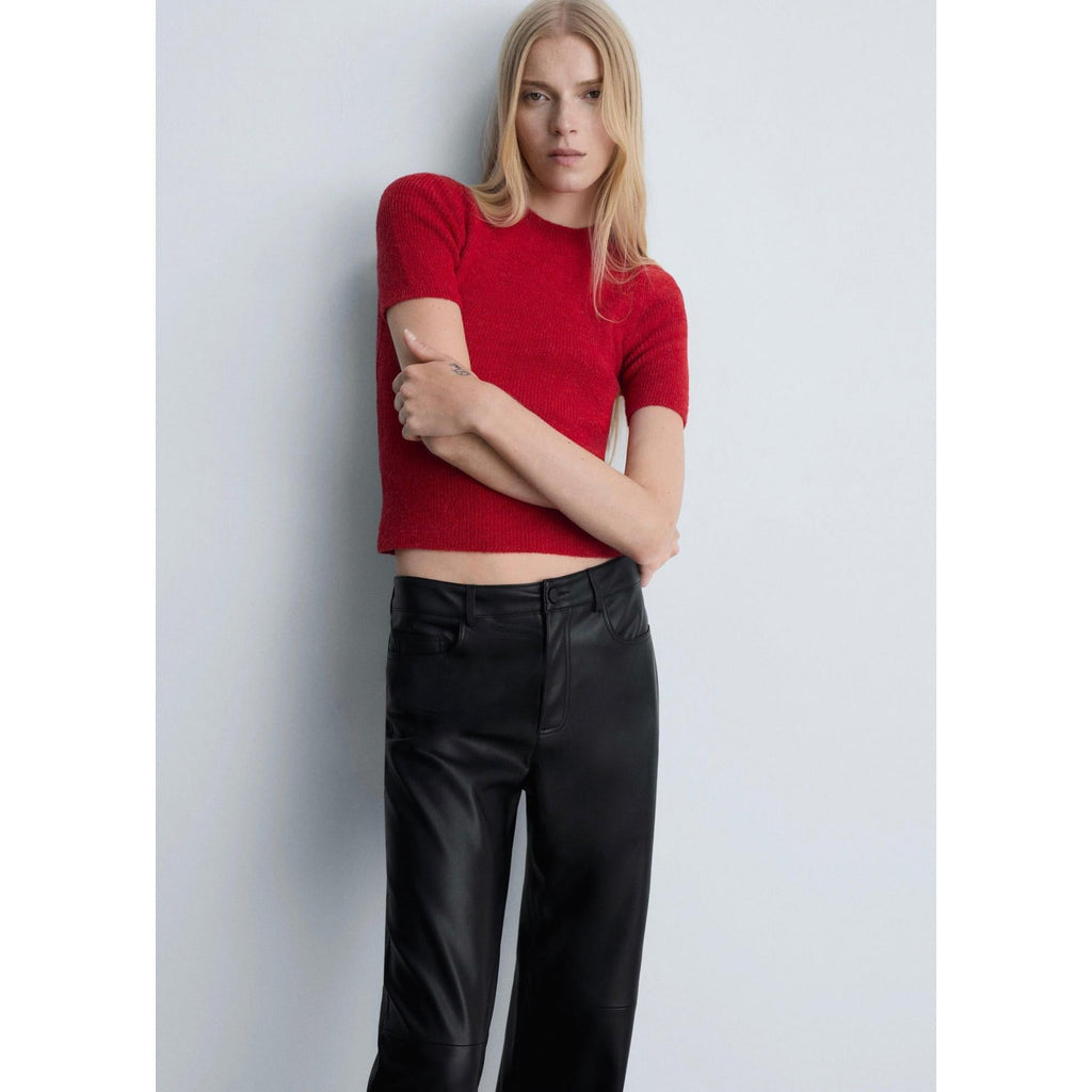 Regular-Waist Faux Leather Trousers - Black