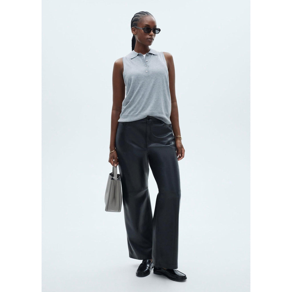 Regular-Waist Faux Leather Trousers - Black