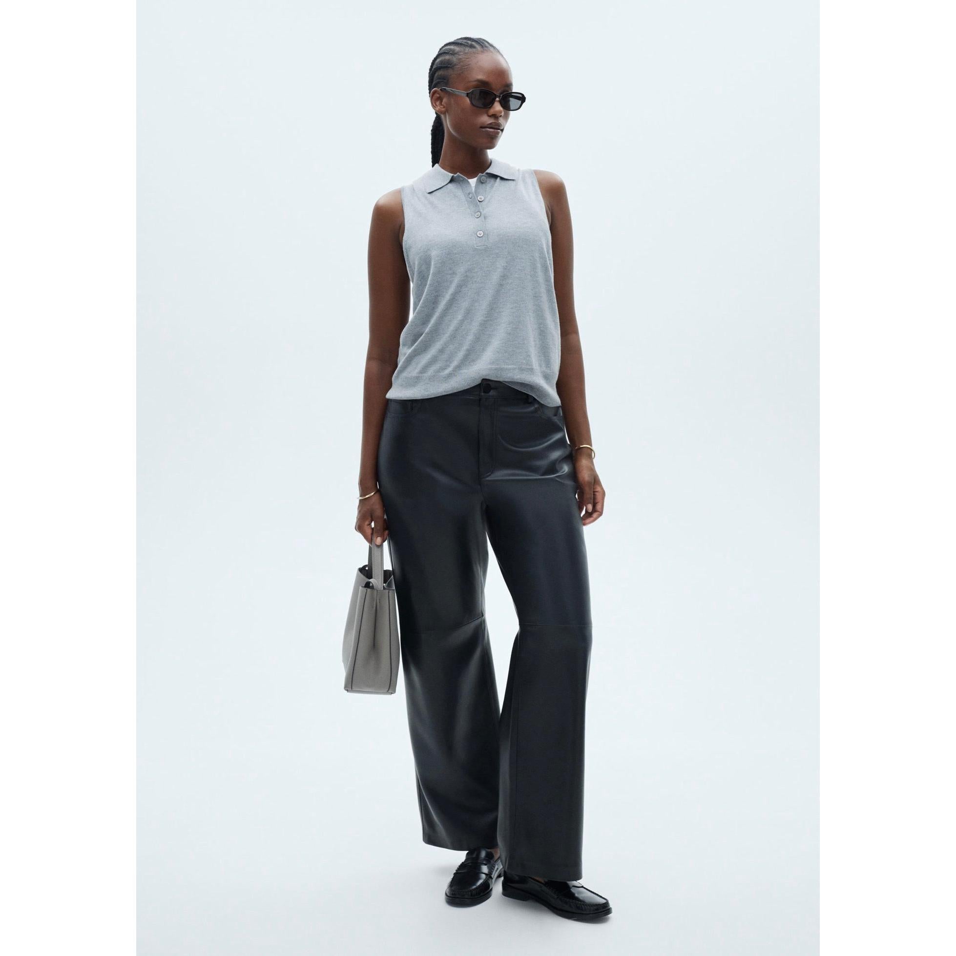 Regular-Waist Faux Leather Trousers - Black