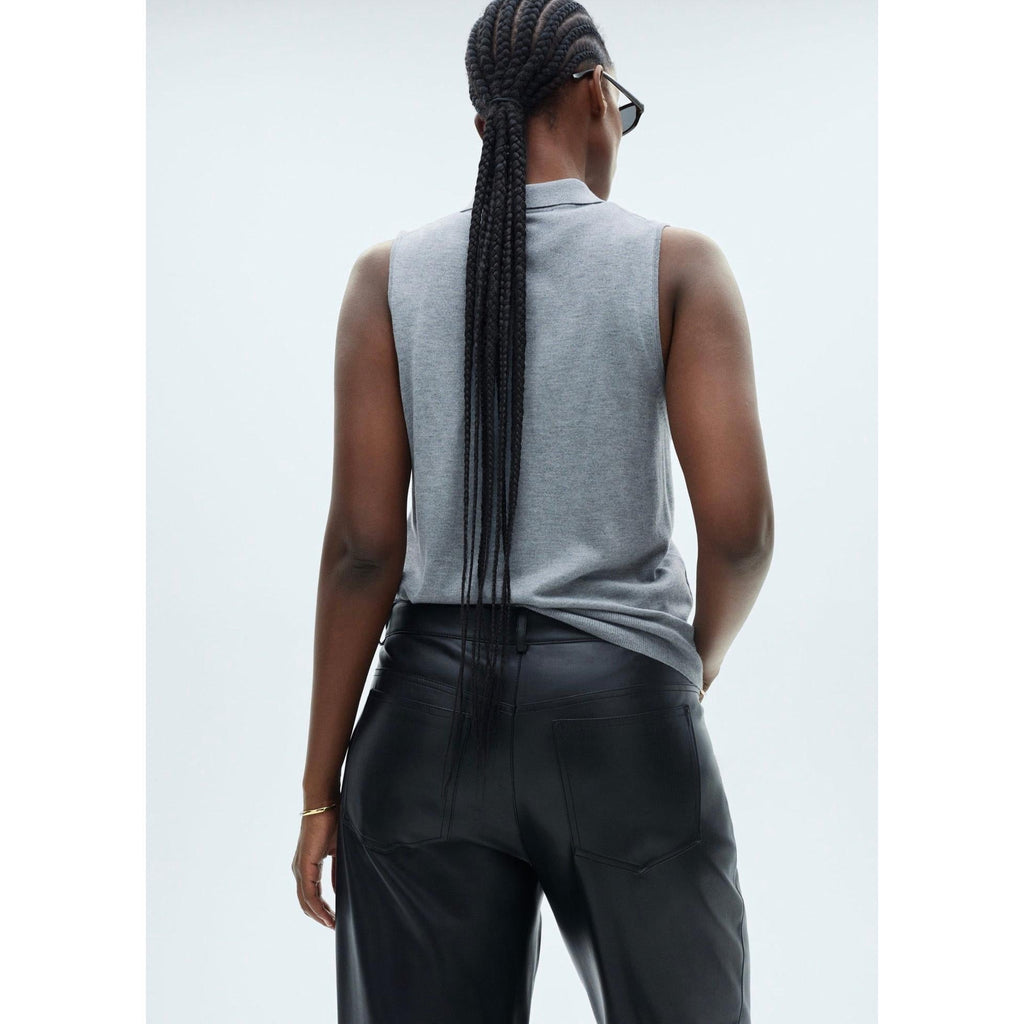 Regular-Waist Faux Leather Trousers - Black