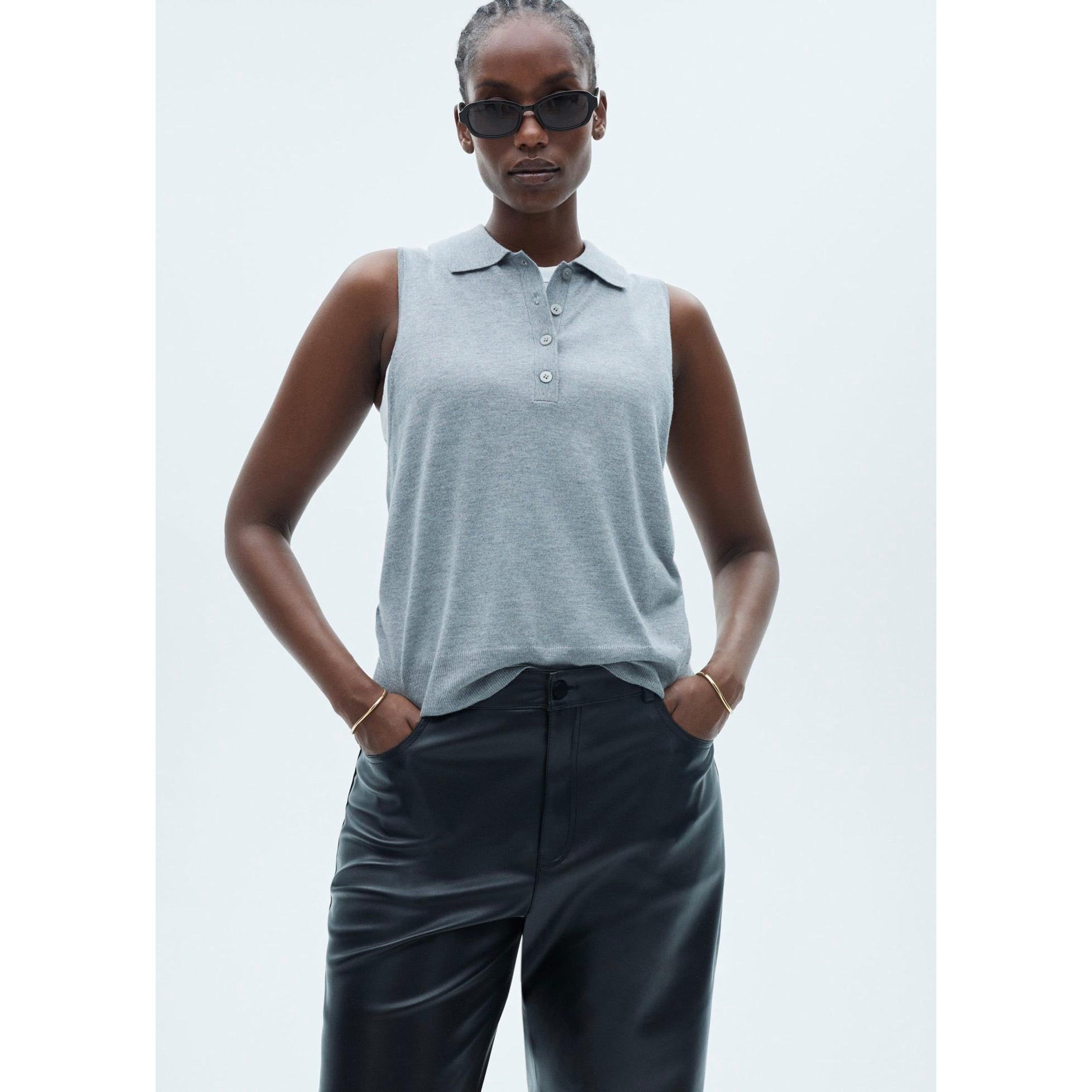 Regular-Waist Faux Leather Trousers - Black