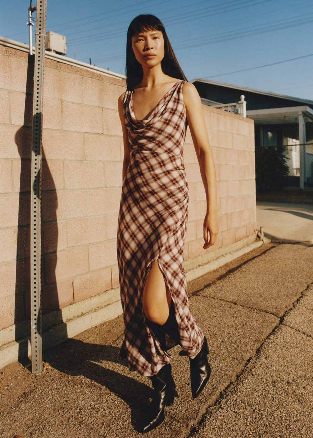 Brown Check Print Midi Dress