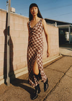 Brown Check Print Midi Dress