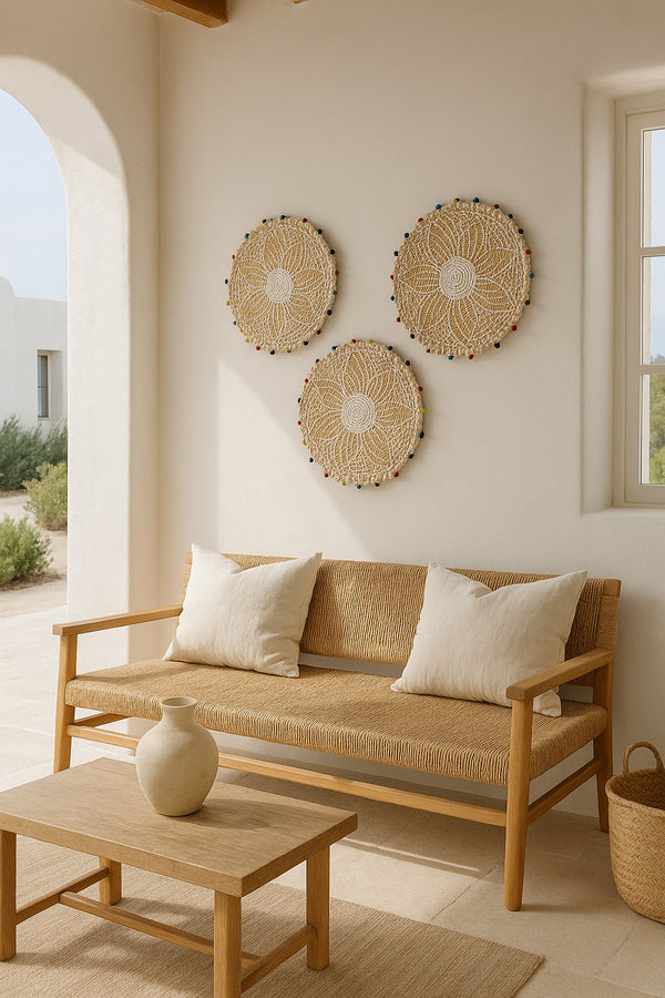 Milos - Cesta Decorativa De Algas Marinas Y Cuentas De Madera