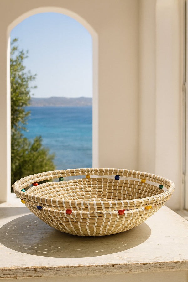 Milos - Cesta Decorativa De Algas Marinas Y Cuentas De Madera