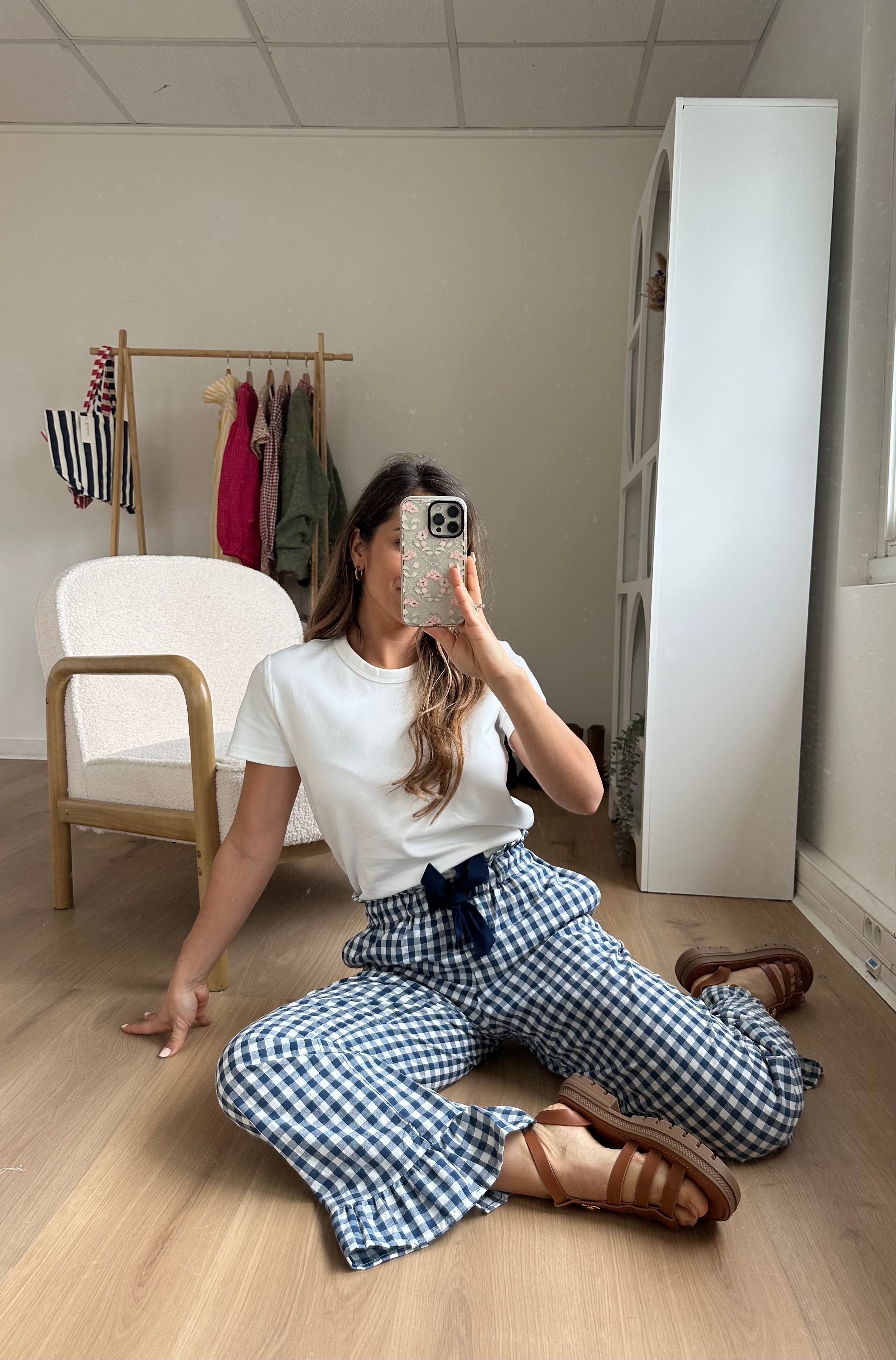 Julia Fluid Gingham Trousers With Ruffles Navy Blue