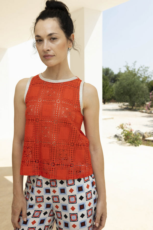 The Diego Top In Orange-Red Lace