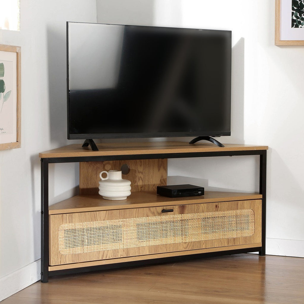 Jaya - Corner TV Unit with 1 Door and Rattan Caning - Light Wood
