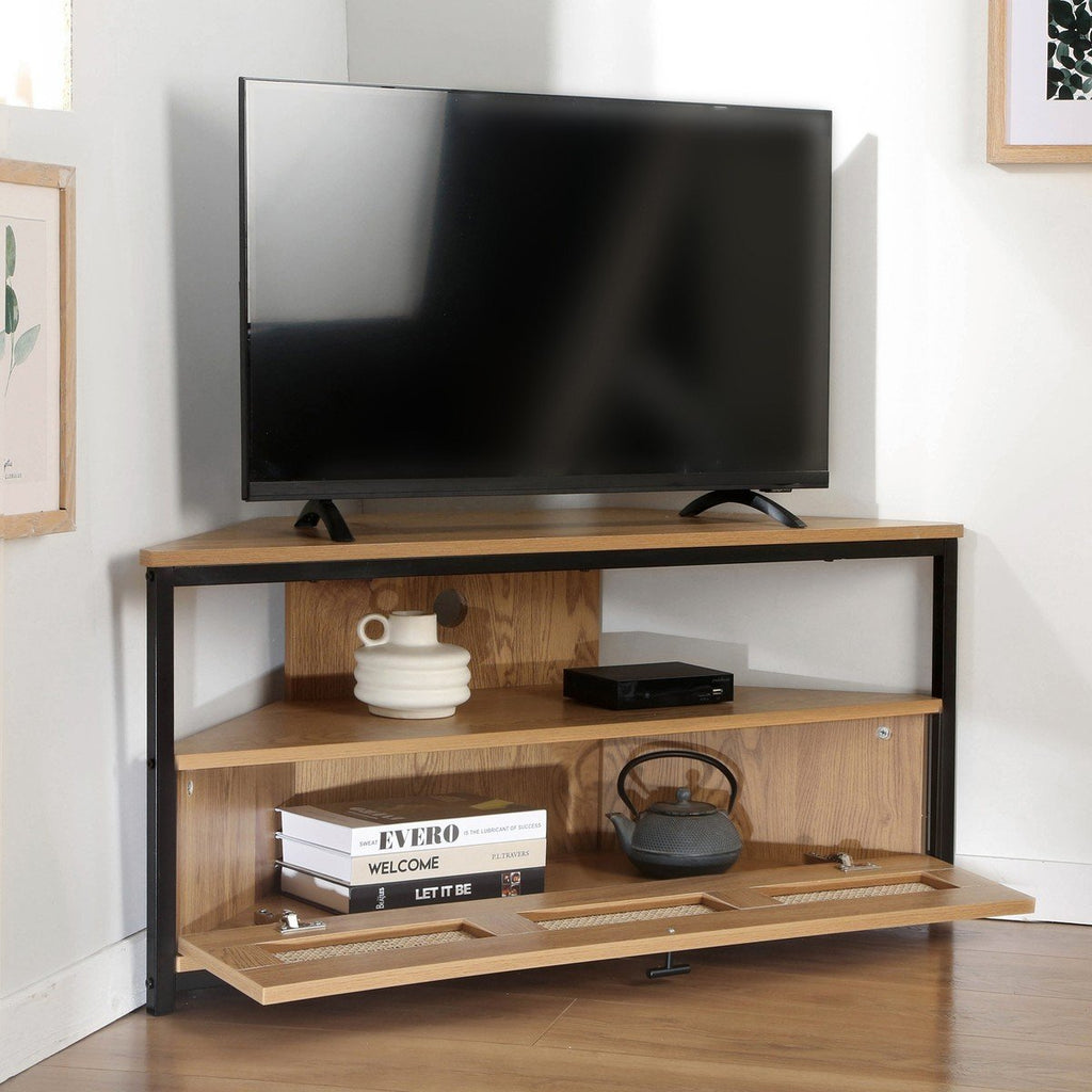 Jaya - Corner TV Unit with 1 Door and Rattan Caning - Light Wood