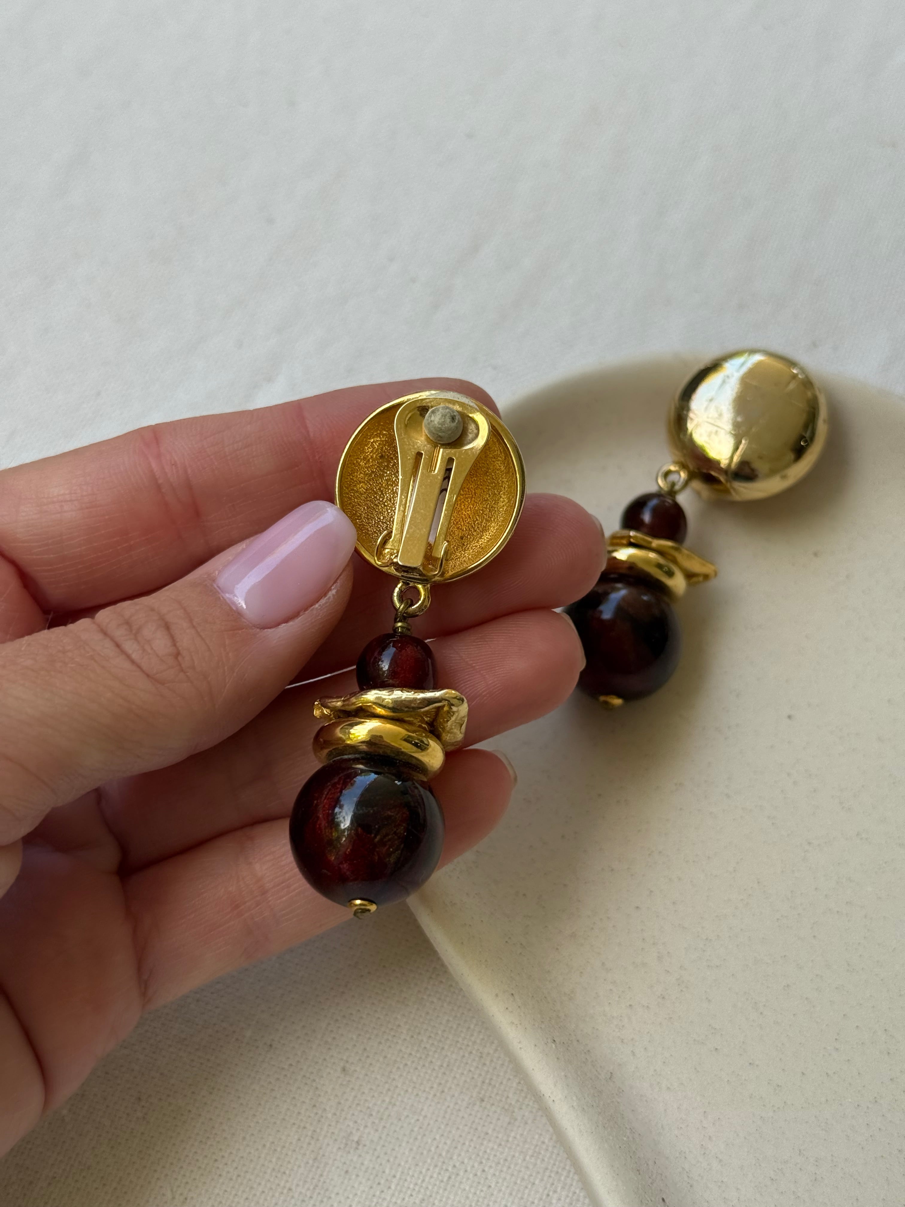 Pendientes Vintage - Cuentas Marrones Colgantes