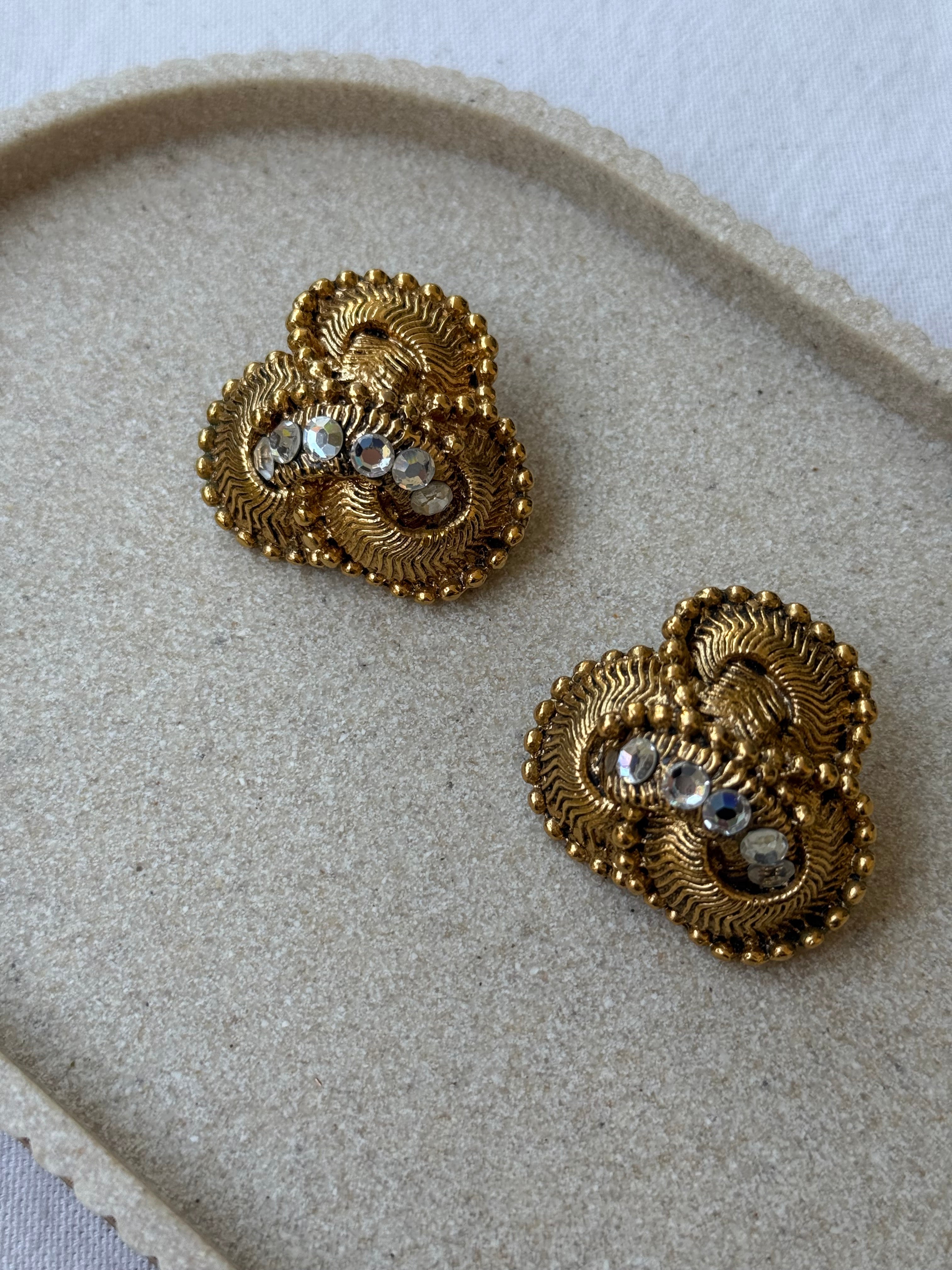 Vintage Earrings - Intertwined Gold-Tone Motif And Rhinestones