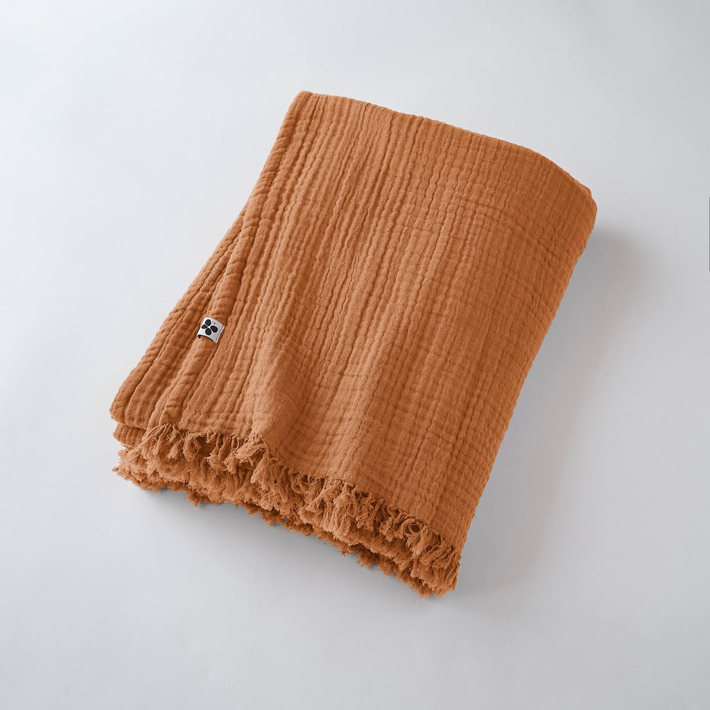 Gaïa - Plaid À Franges - Double Gaze De Coton Unie - Abricot