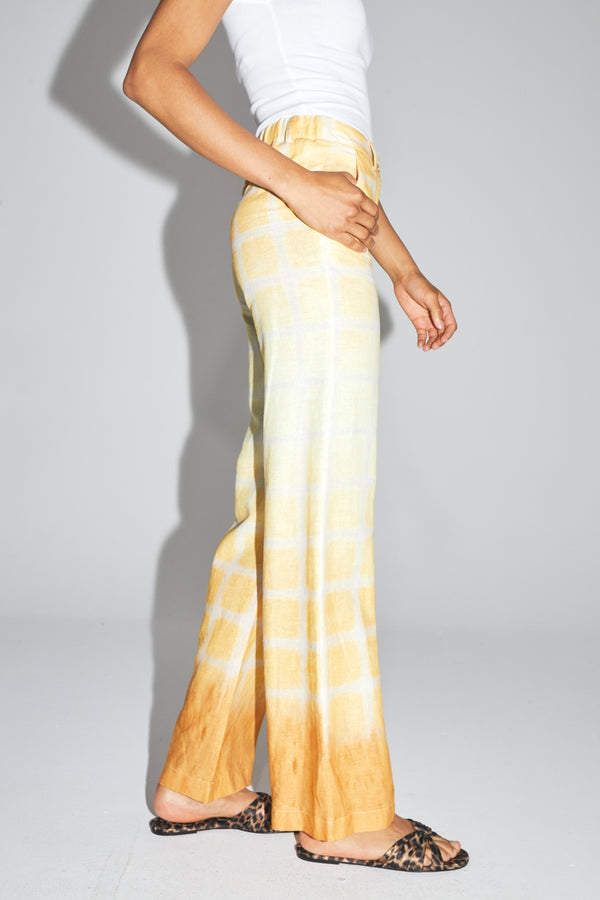 Pantalon Yves En Lin Aux Carreaux Tie And Dye Fabriqué En Italie - Jaune