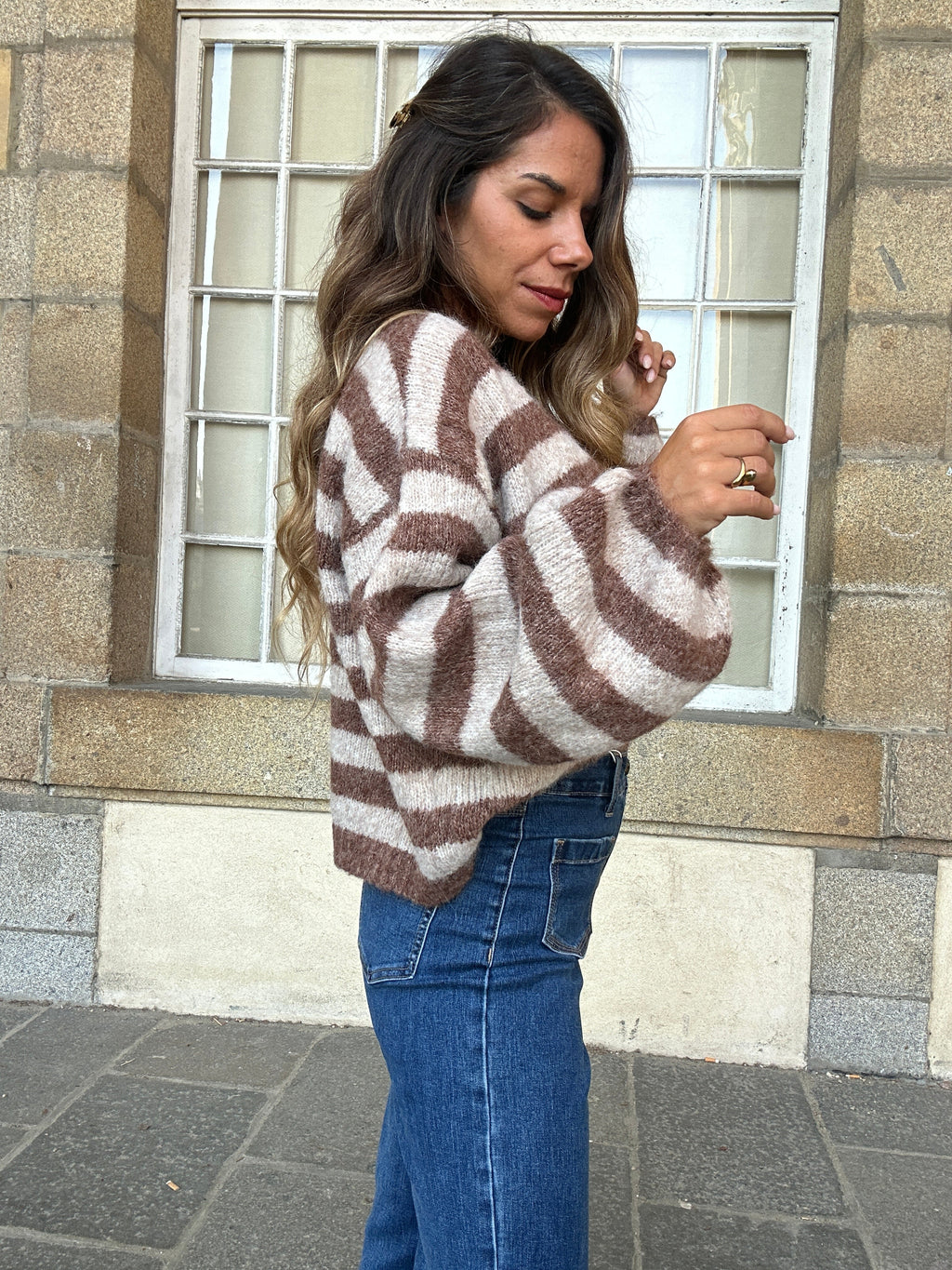 Véra camel and beige striped cardigan