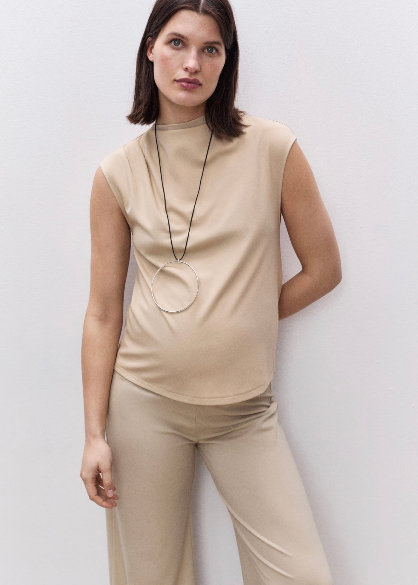 Maternity T-Shirt with Draped Neck - Natural